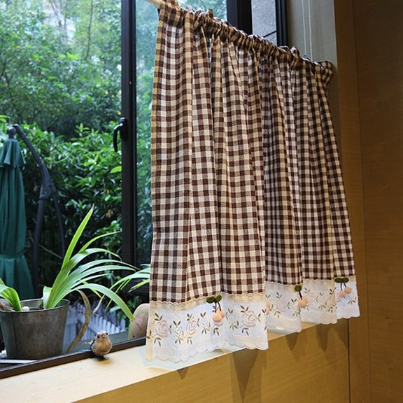 Cherry with Brown Check Cabinet Curtain