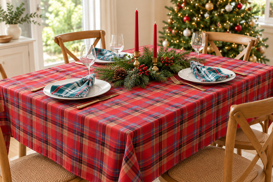 Christmas table set with a red tartan tablecloth, green tartan napkins on white plates and a pine centrepiece