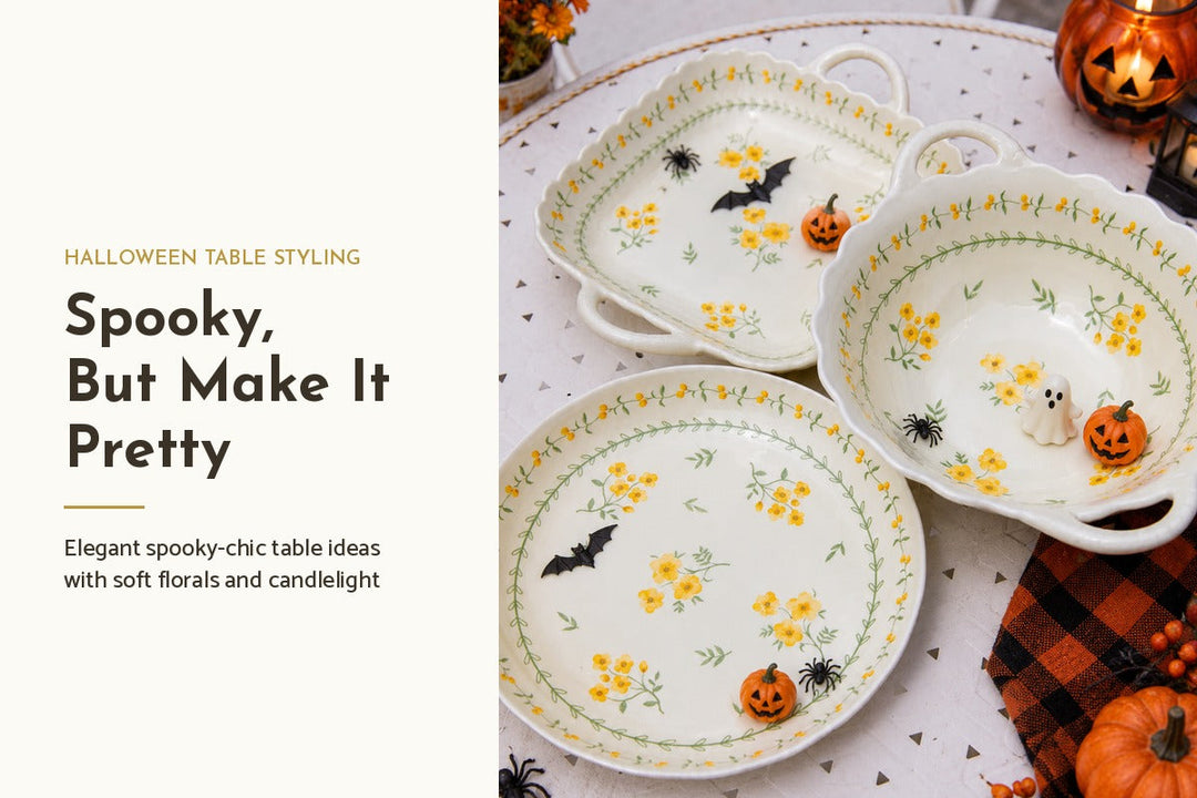 Yellow Garland Ceramic Dining Set styled for a spooky-chic Halloween table, with mini pumpkins, a ghost and bat decorations