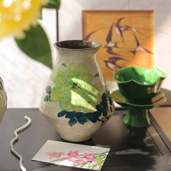 Green Rose Ceramic Vase