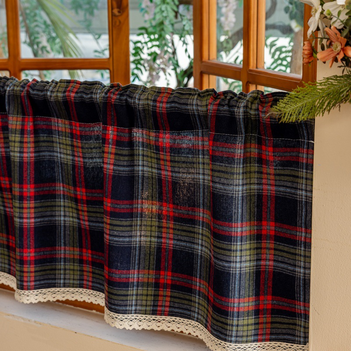 Lace Trim & Tartan Cabinet Curtain