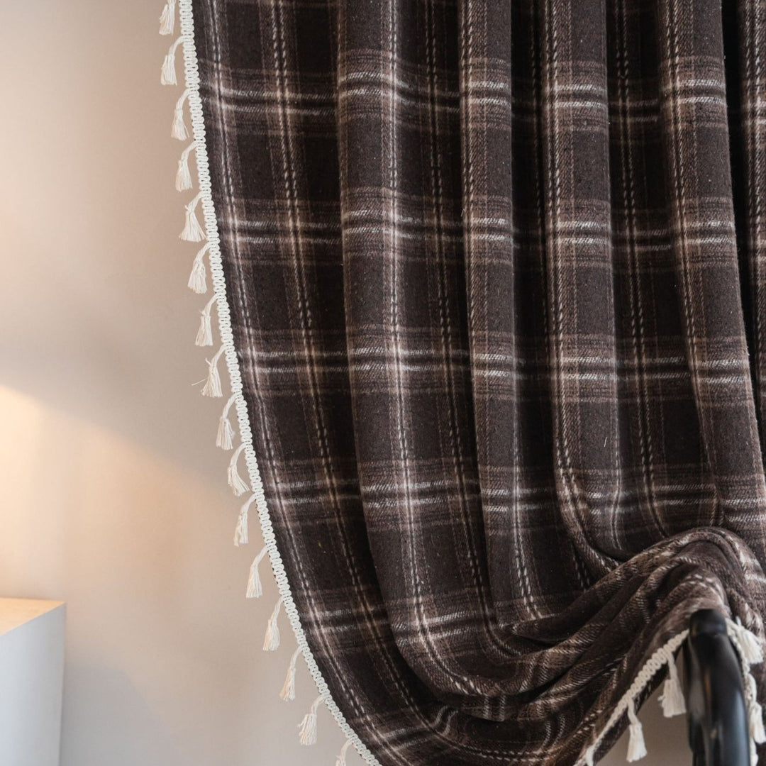 Chocolate Plaid Tassel Curtain