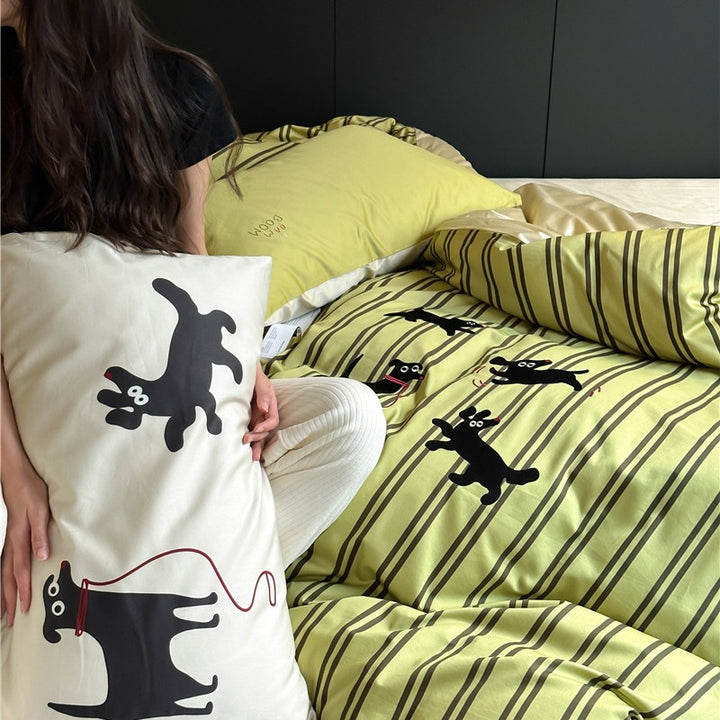 Puppy Green Striped Bedding Set