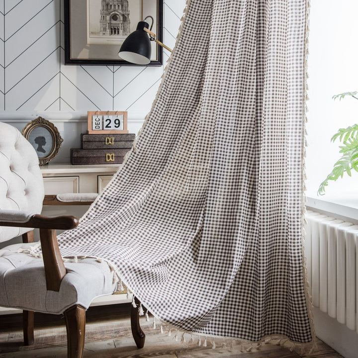 Coffee Gingham Tassel Curtain