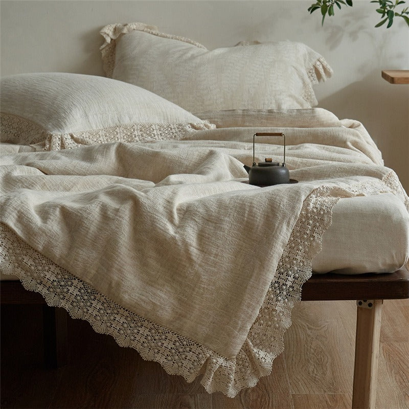 Lace Trim Cotton Linen Summer Quilted Blanket