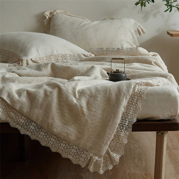 Lace Trim Cotton Linen Summer Quilted Blanket