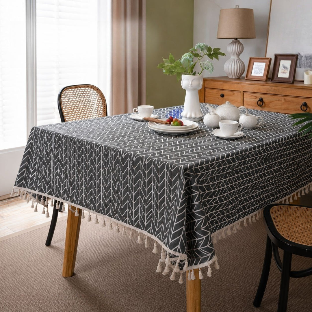 Midnight Herringbone Tassel Tablecloth