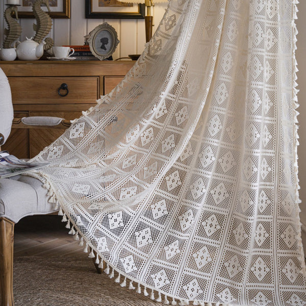 Check Plus Lace Tassel Curtain
