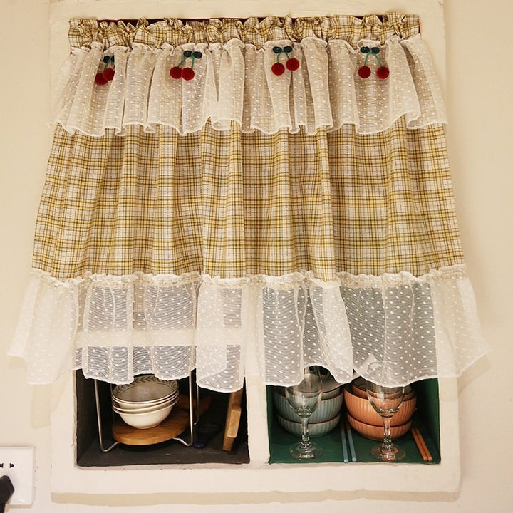 Yellow Check with Lace Cabinet Curtain
