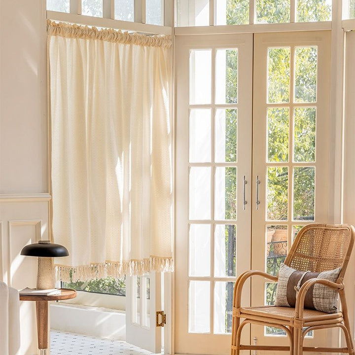 Creamy Grid Tassel Curtain