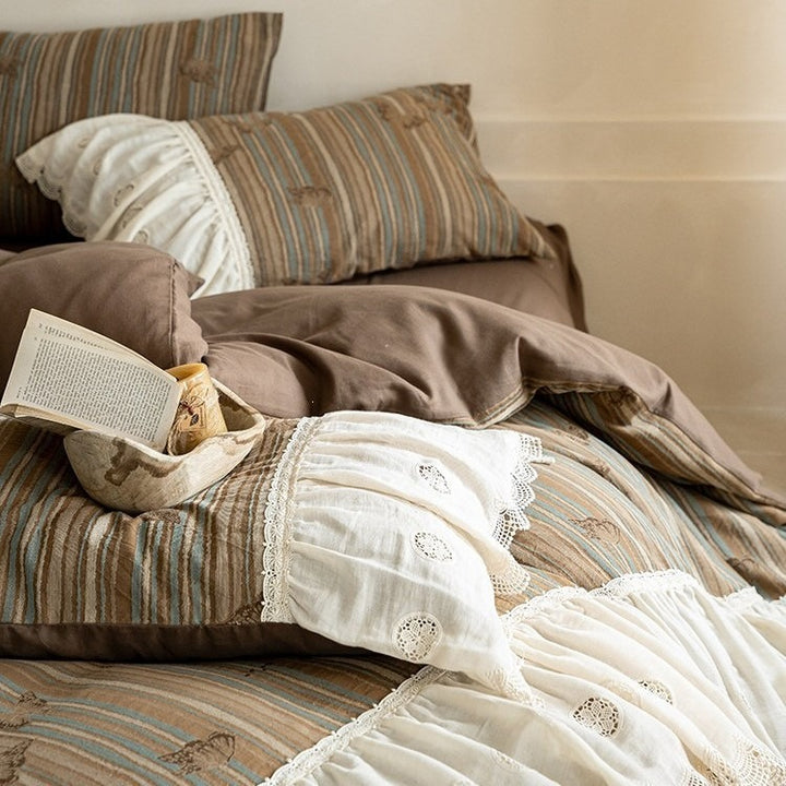 Cocoa Stripe Lace Cottage Bedding Set