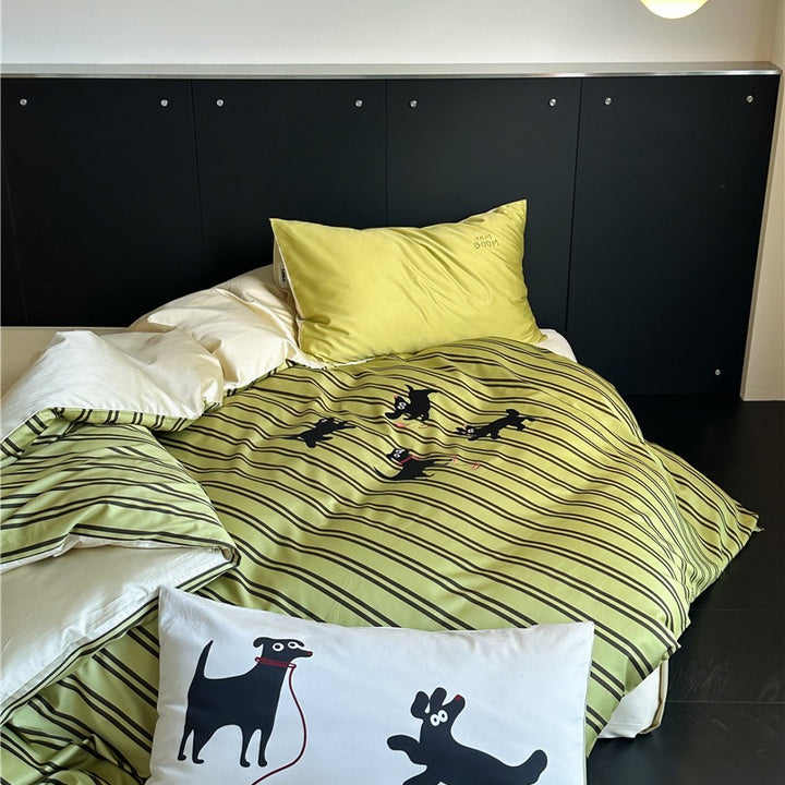 Puppy Green Striped Bedding Set