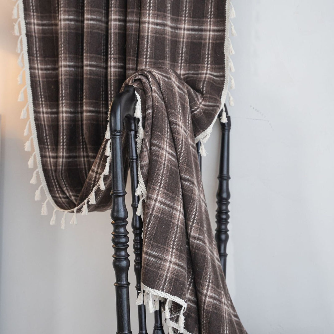 Chocolate Plaid Tassel Curtain