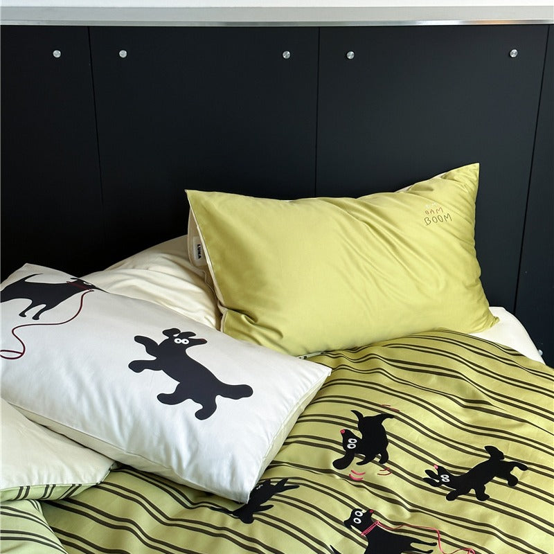 Puppy Green Striped Bedding Set