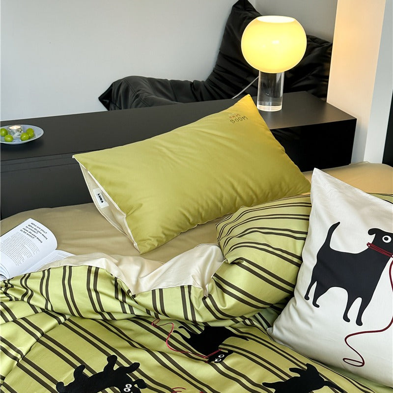 Puppy Green Striped Bedding Set