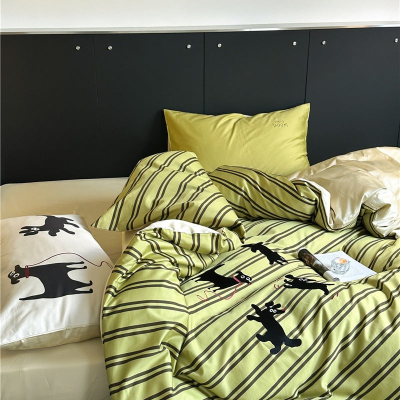 Puppy Green Striped Bedding Set