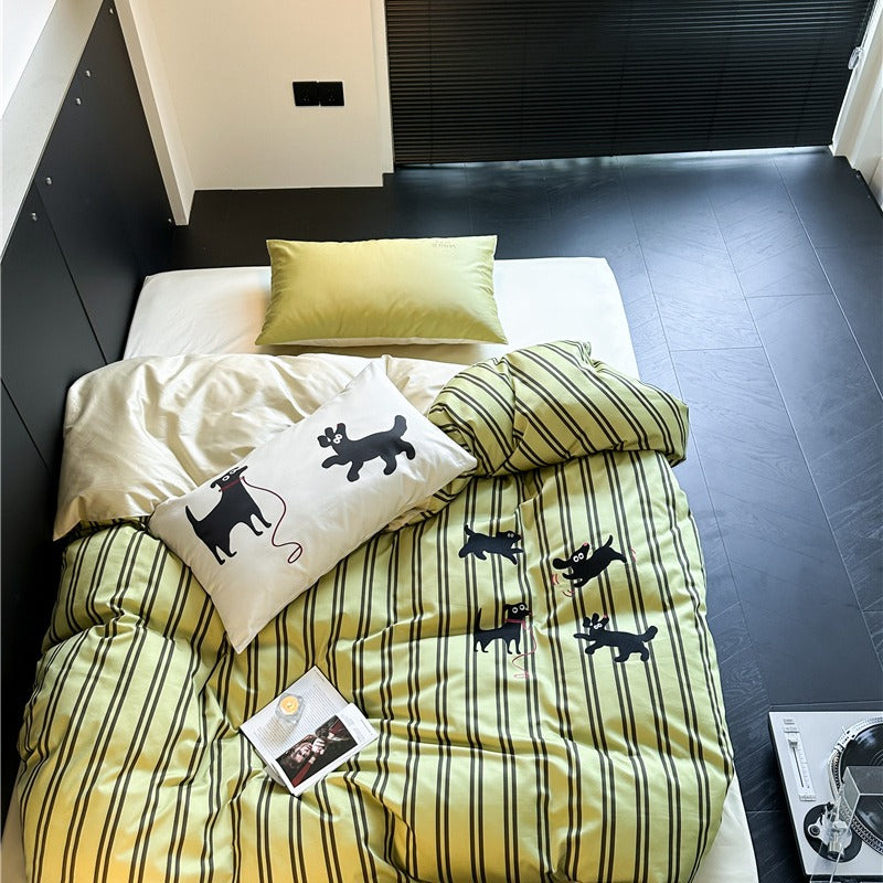 Puppy Green Striped Bedding Set