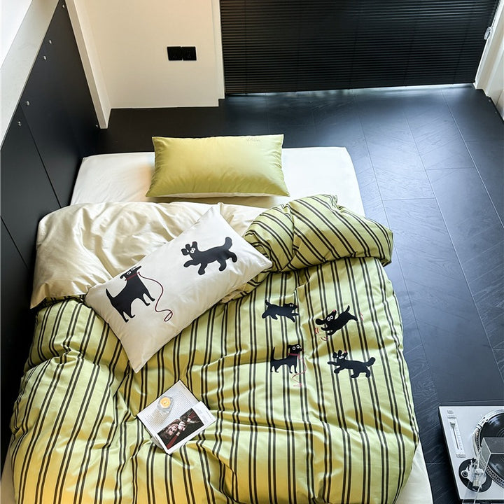 Puppy Green Striped Bedding Set