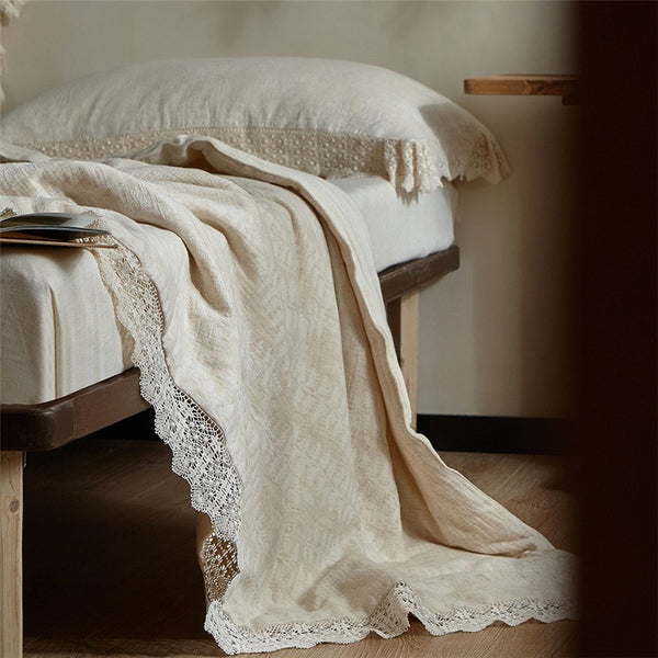 Lace Trim Cotton Linen Summer Quilted Blanket