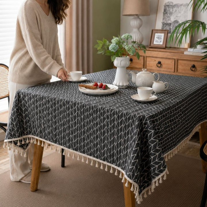 Midnight Herringbone Tassel Tablecloth