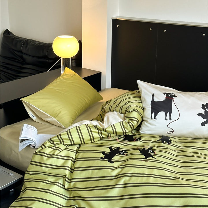 Puppy Green Striped Bedding Set
