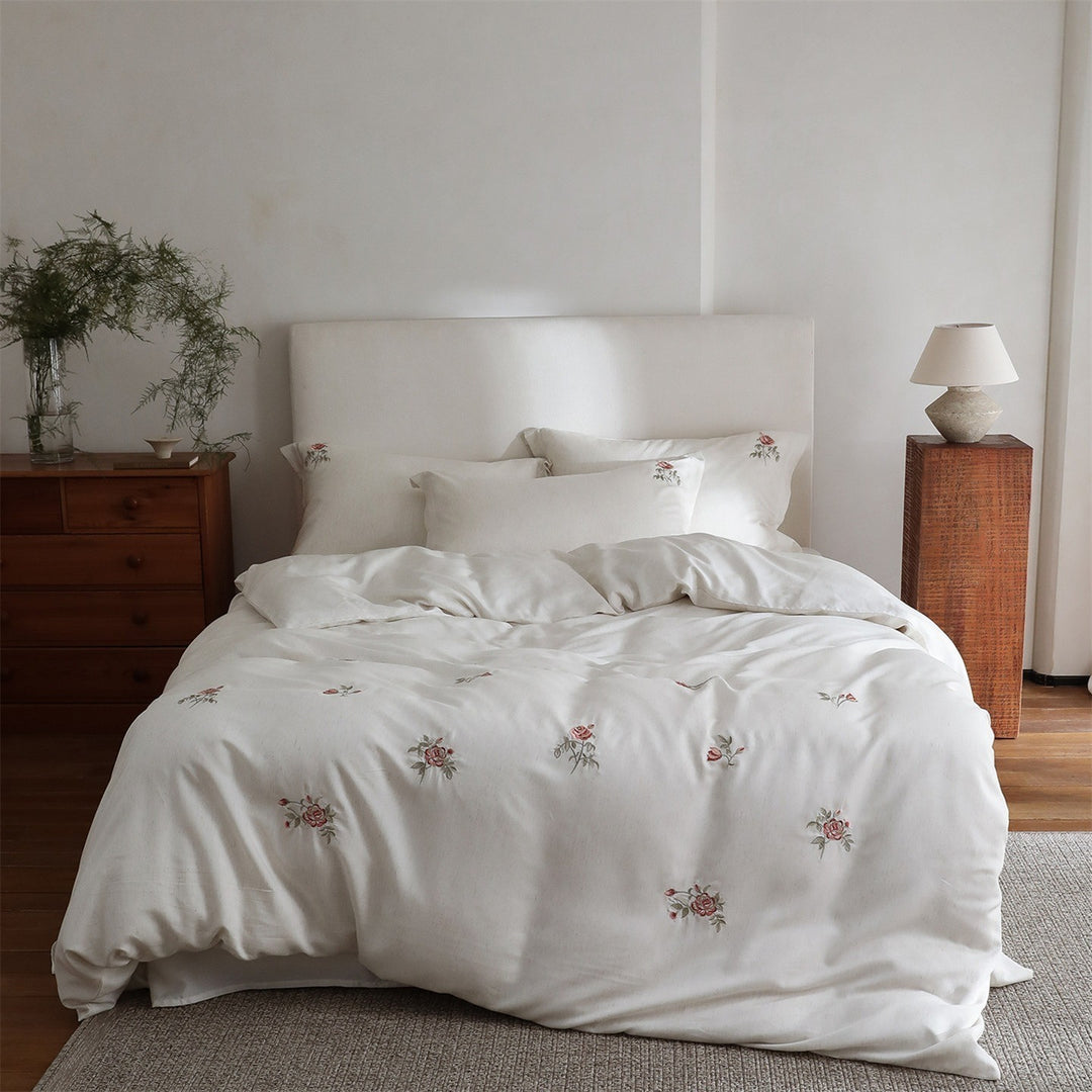 Minimal Rose Embroidery Bedding Set
