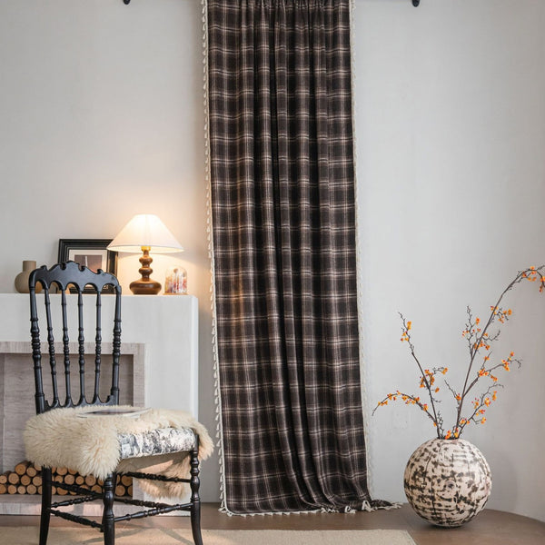 Chocolate Plaid Tassel Curtain