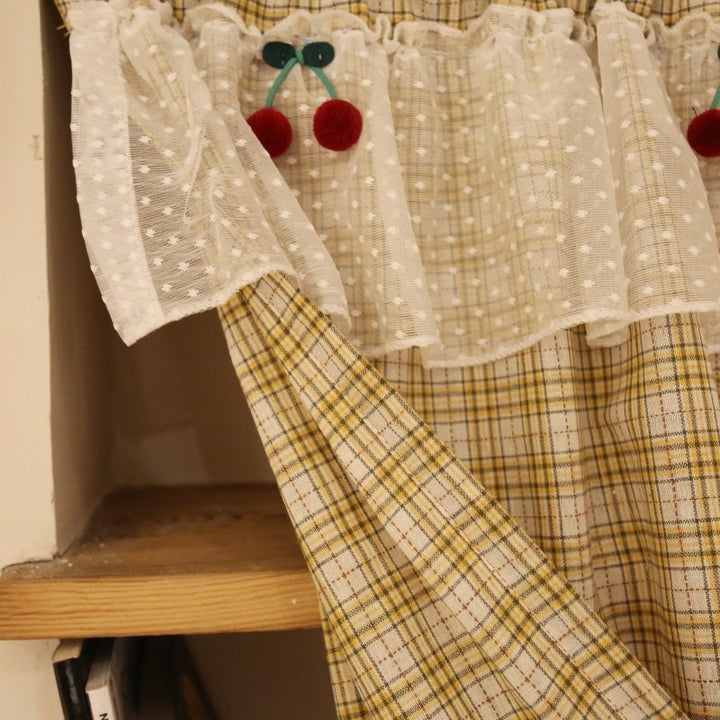 Yellow Check with Lace Cabinet Curtain