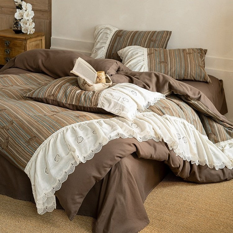 Cocoa Stripe Lace Cottage Bedding Set