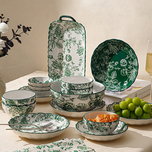 Vintage Green Flora Ceramic Dinnerware Set