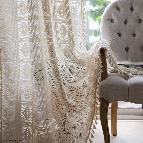 Check Plus Lace Tassel Curtain