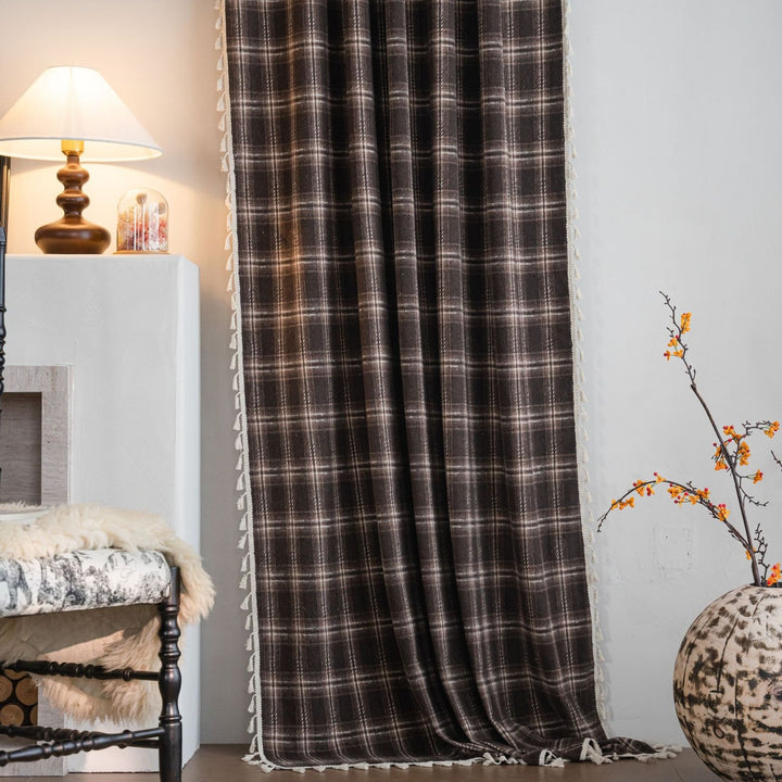 Chocolate Plaid Tassel Curtain
