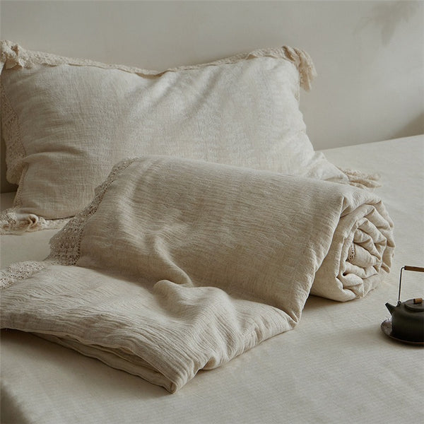 Lace Trim Cotton Linen Summer Quilted Blanket