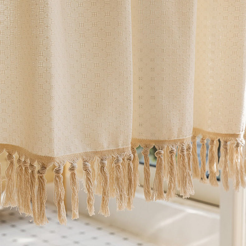 Creamy Grid Tassel Curtain