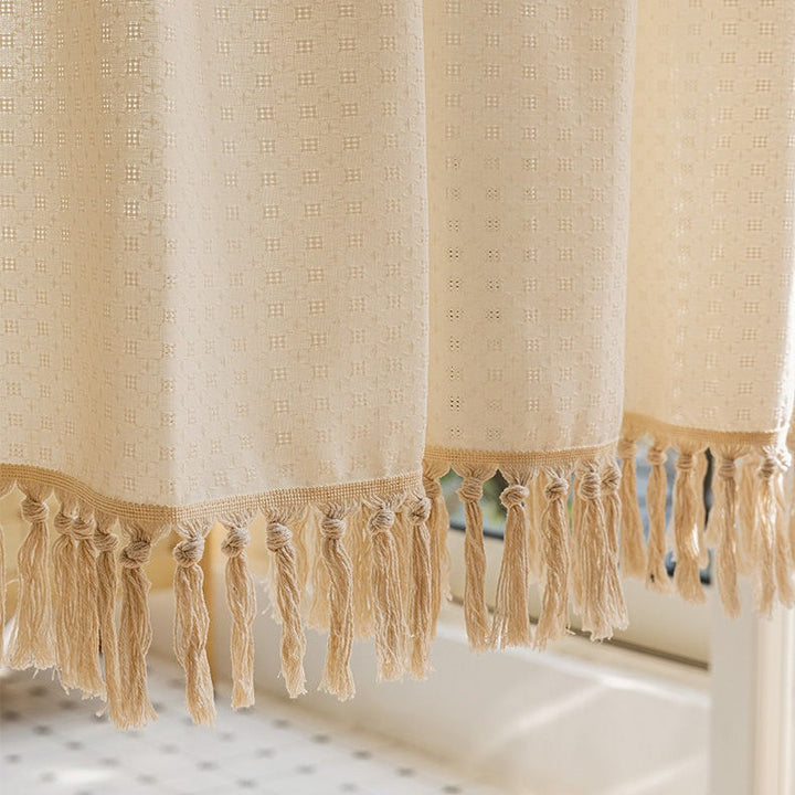 Creamy Grid Tassel Curtain