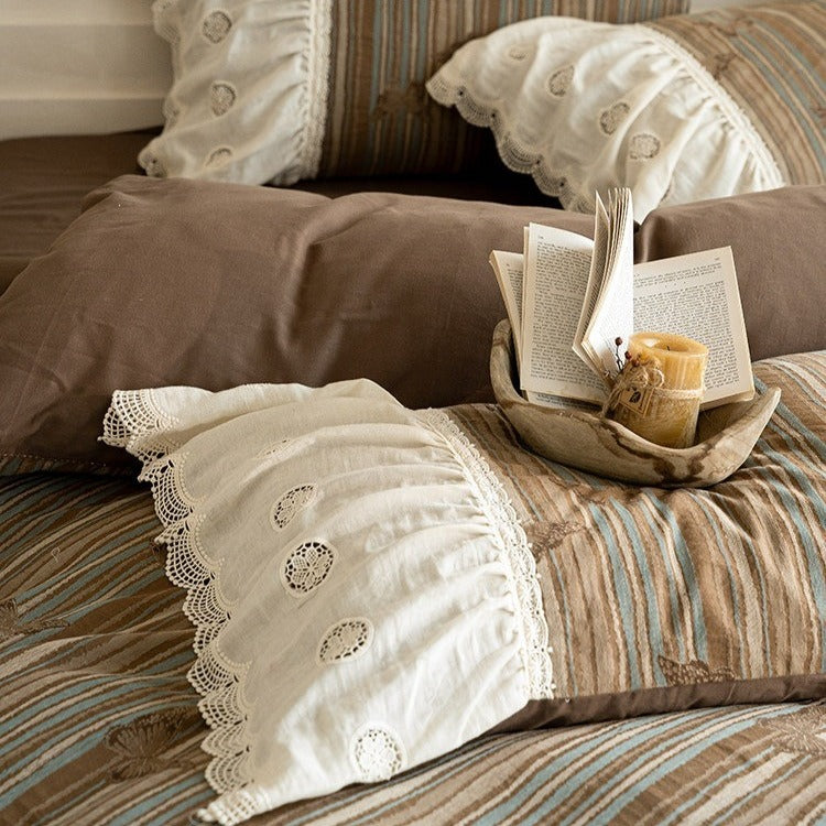 Cocoa Stripe Lace Cottage Bedding Set