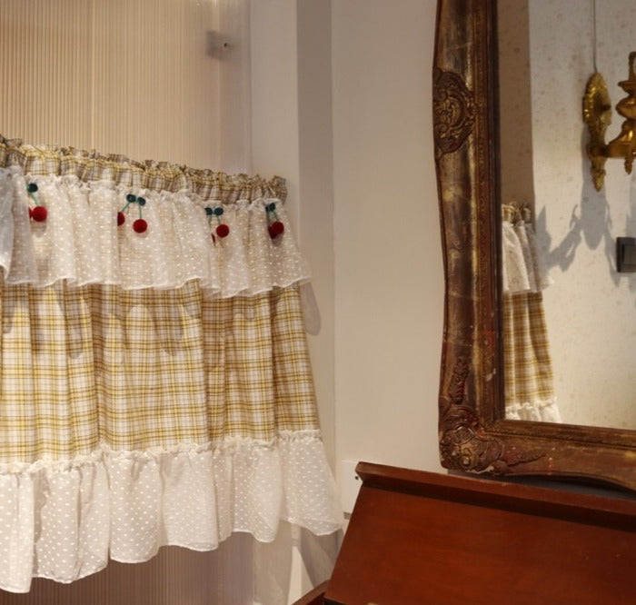 Yellow Check with Lace Cabinet Curtain