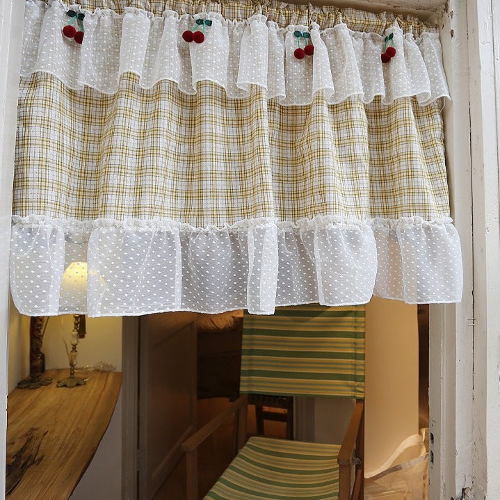 Yellow Check with Lace Cabinet Curtain