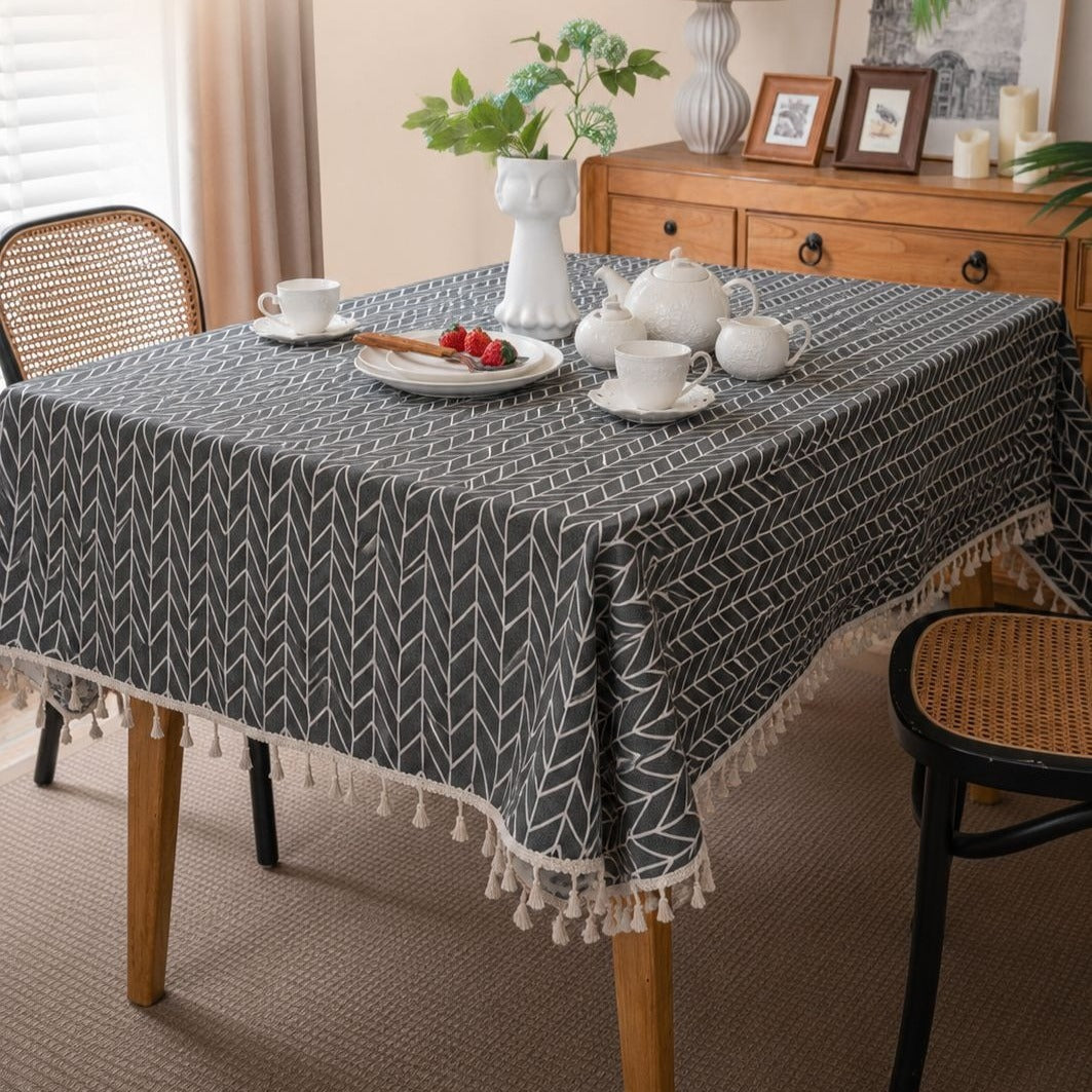 Midnight Herringbone Tassel Tablecloth