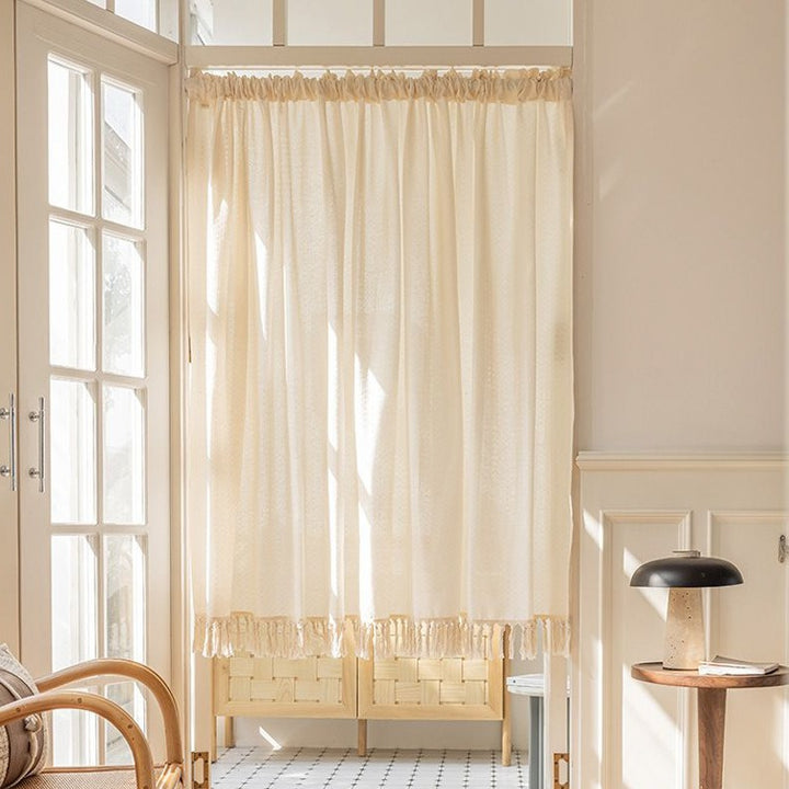 Creamy Grid Tassel Curtain