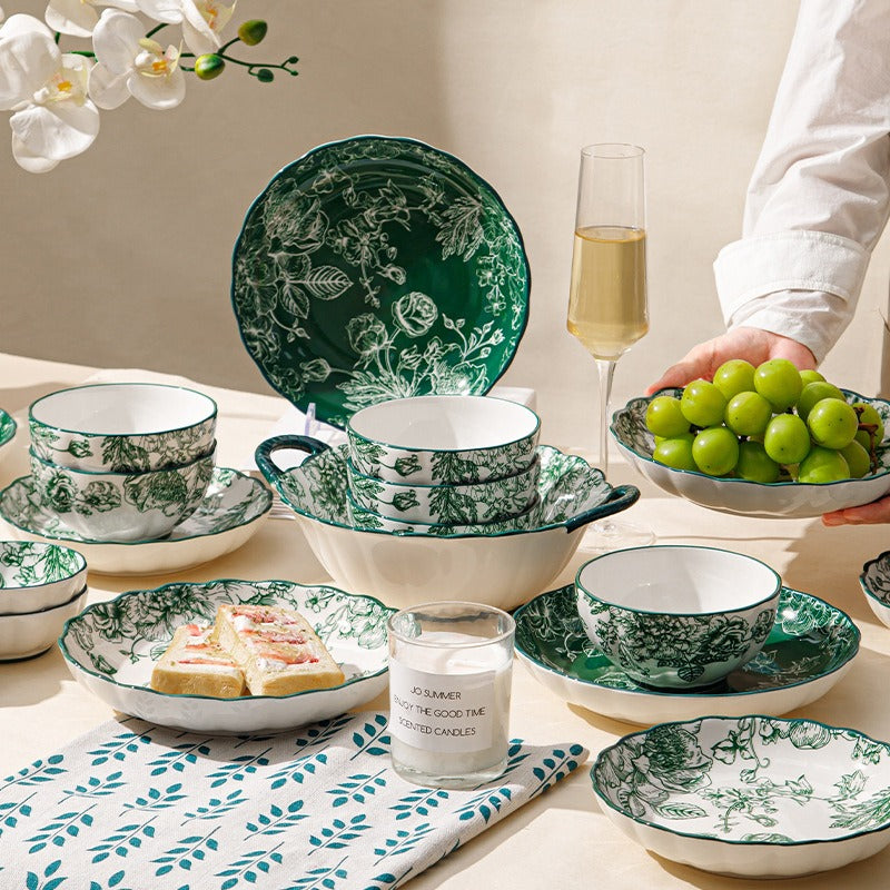Vintage Green Flora Ceramic Dinnerware Set