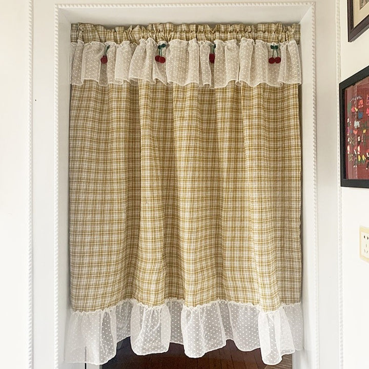 Yellow Check with Lace Cabinet Curtain