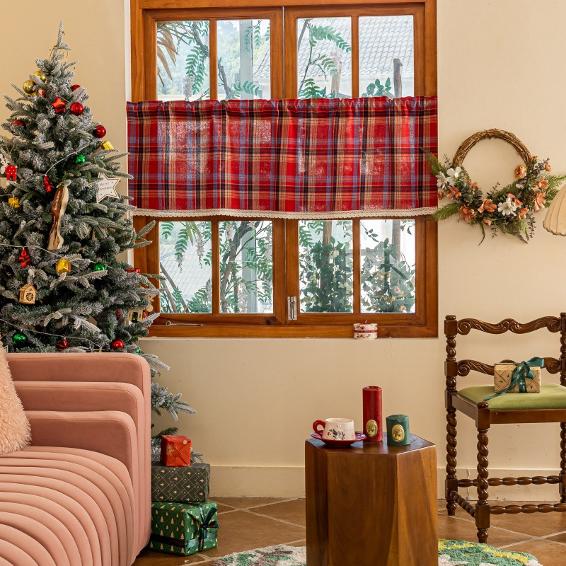 Lace Trim & Tartan Cabinet Curtain