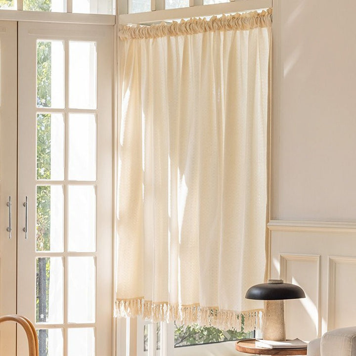 Creamy Grid Tassel Curtain