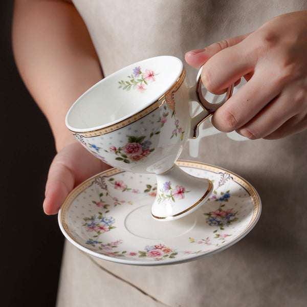Footed Vintage Floral Teacup Set