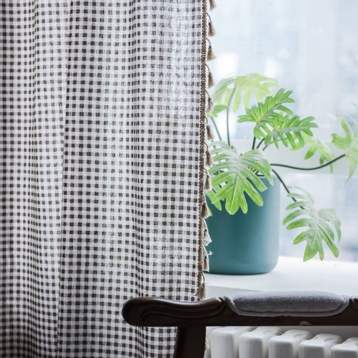 Coffee Gingham Tassel Curtain