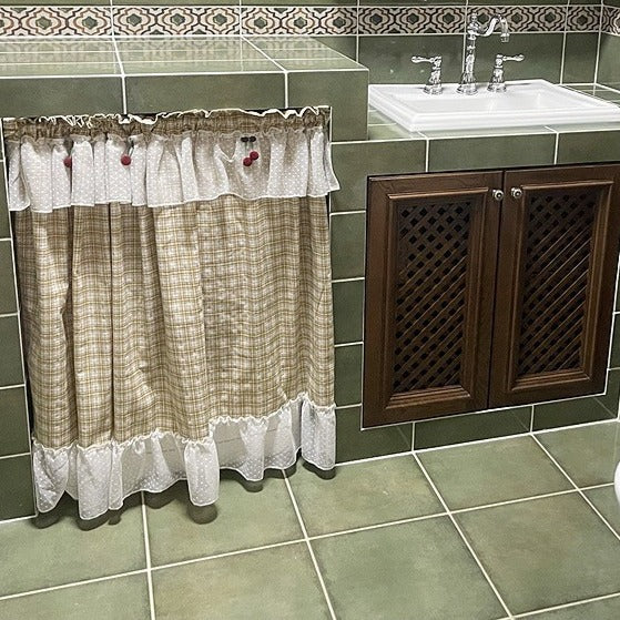 Yellow Check with Lace Cabinet Curtain