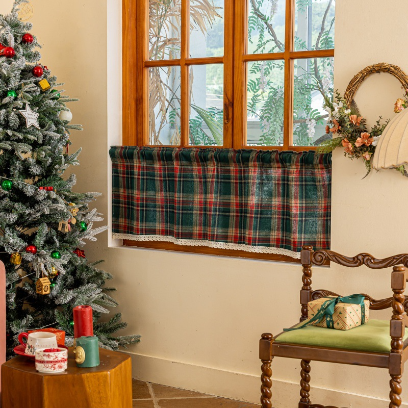 Lace Trim & Tartan Cabinet Curtain