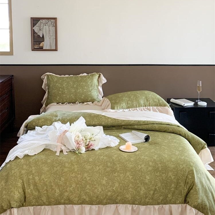 Olive Leaf Floral Ruffle Bedding Set