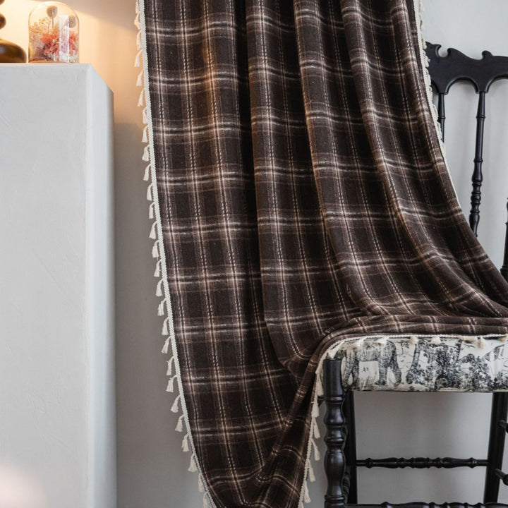Chocolate Plaid Tassel Curtain